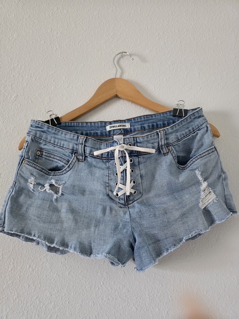 Billabong Light Wash Lace-Up Distressed Denim Shorts